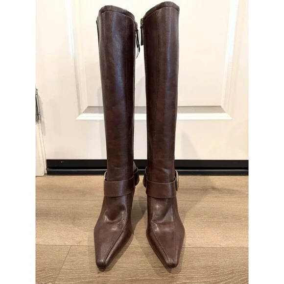 Zara Burgundy High-Heel Buckle Boots Pointed Toe Size US 9 EUR 40 Preowned - Picture 5 of 16